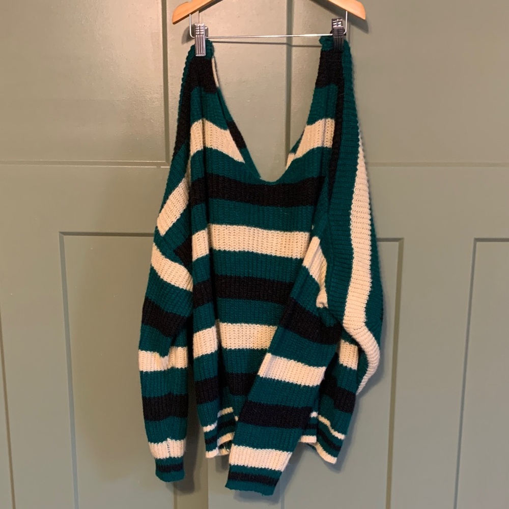 Vici Green and Black Striped V-Neck Sweater
